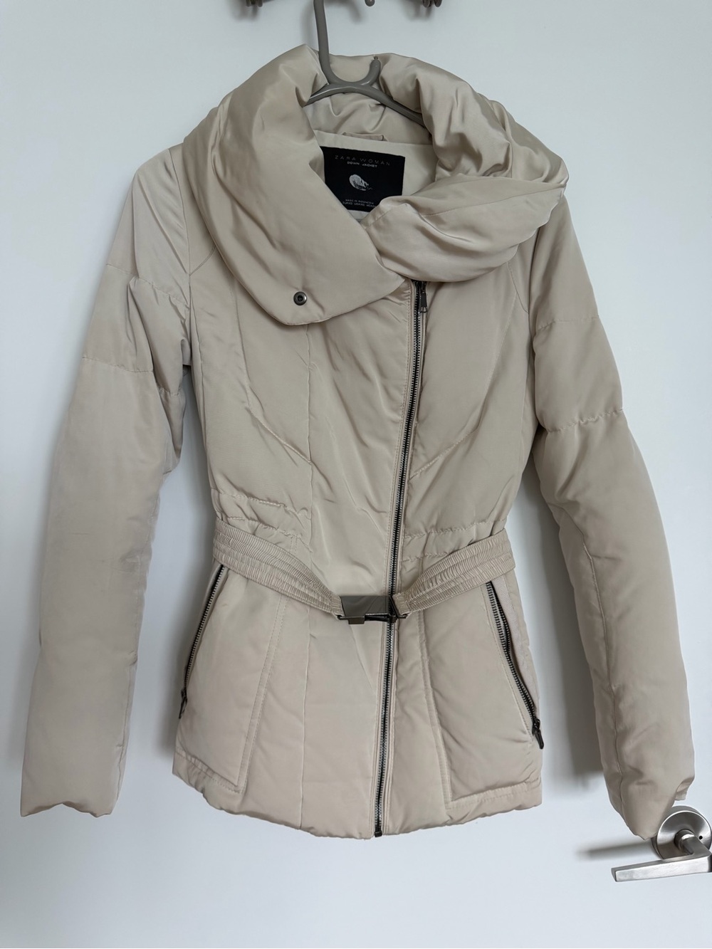 Zara Cream Quilted Belted Down Jacket